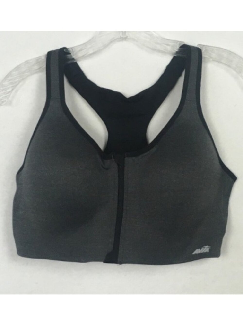 Avia Bra Women Size 38D Black Gray Front Zipper Racer Back Wireless Lined